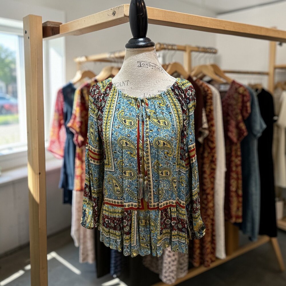 Artesia Size L Blue, Gold & Red Bohemian Peasant Tie Front Textured Peplum Top